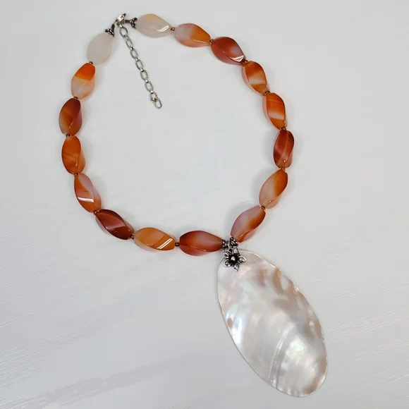 Vintage Sterling Silver Carnelian Mother Of Pearl Floral Pendant Necklace 18" - Picture 15 of 15